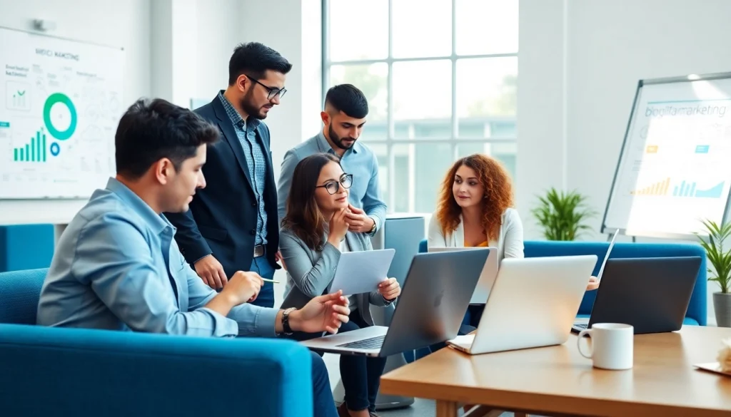 Engaged marketing team discussing strategies for https://www.pnmmedia.com in a bright office.