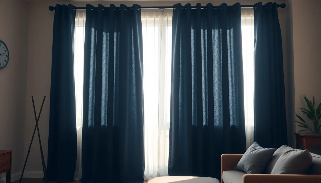 Verduisterende gordijnen die elegant voor een raam hangen, waardoor een sfeervolle kamer ontstaat.