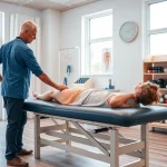Physiotherapie in einer modernen Klinik mit einem Therapeuten, der einem Patienten hilft.