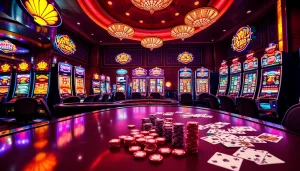 Rasakan pengalaman bermain yang mendebarkan di situs slot, menampilkan mesin slot yang cerah dan elemen kasino yang dinamis.