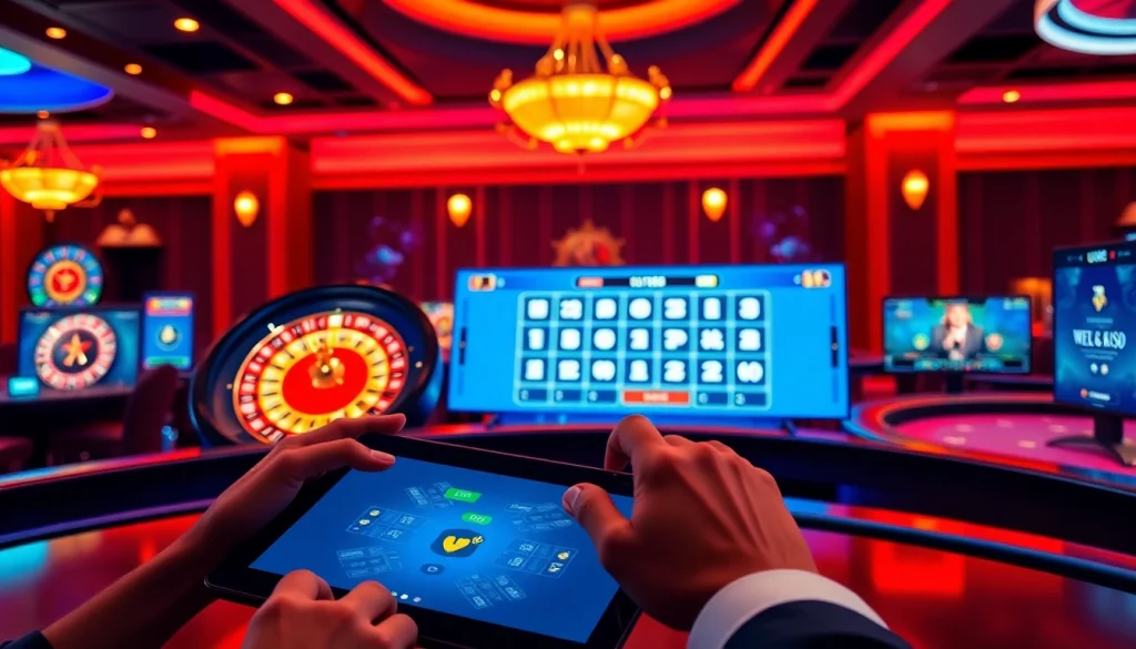 UU88 gambling action showcasing an elegant online casino atmosphere with poker chips and roulette wheels.