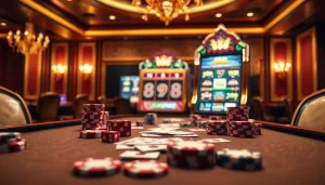 Engage in a thrilling casino game experience with go 88, showcasing vibrant slot machines, poker chips, and dice on a luxury table.