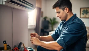 Technician performing HVAC repair somers ny in a comfortable home environment.