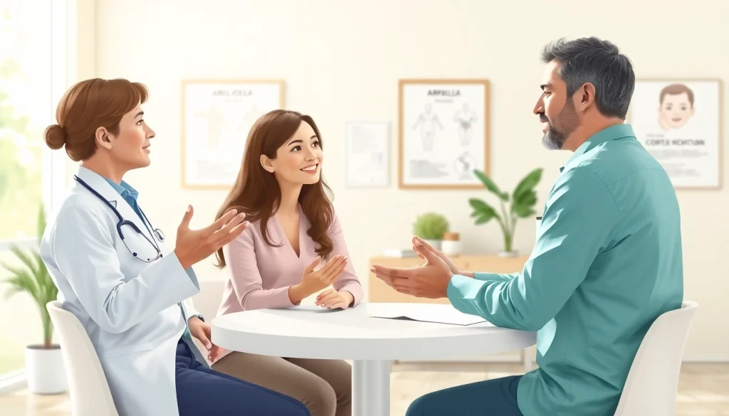 La rappresentazione della ovodonazione con un dottore che spiega a una coppia le opzioni disponibili.