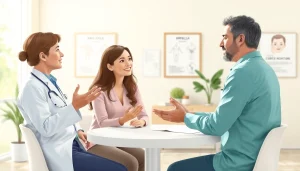 La rappresentazione della ovodonazione con un dottore che spiega a una coppia le opzioni disponibili.