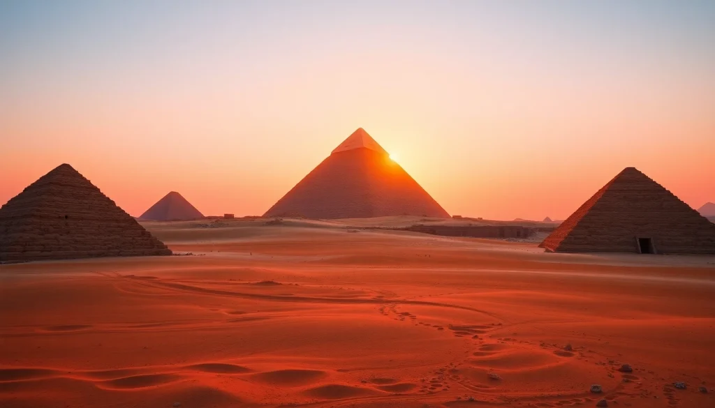 Pyraminds illuminated at sunset, highlighting their grandeur and historical significance.