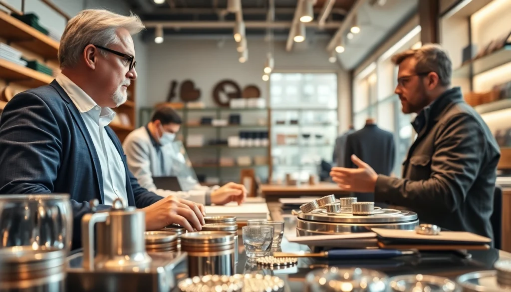 Zinn Ankauf Köln im modernen Geschäft mit glänzenden Zinnstücken und freundlichem Verkäufer.