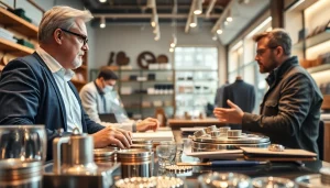 Zinn Ankauf Köln im modernen Geschäft mit glänzenden Zinnstücken und freundlichem Verkäufer.
