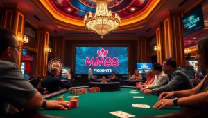 Engaging poker game at MM88 casino with colorful chips and cards.