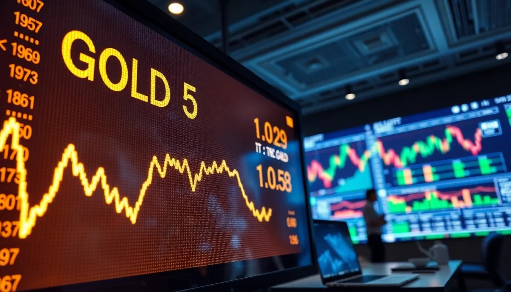 Visual representation of gold price at today on a digital display amidst a dynamic trading environment.