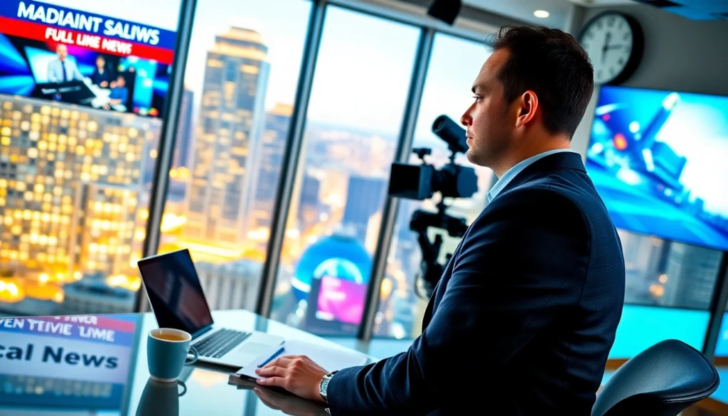 Cover local news stories with a journalist at https://www.todayville.com in a bright modern newsroom.