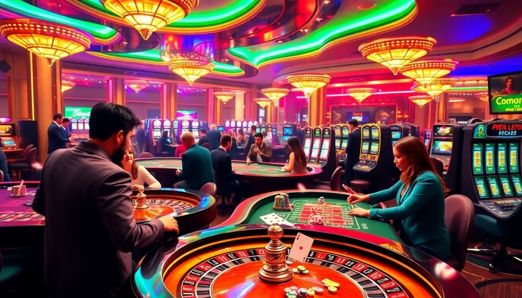 Engaging scene of players at Luck8 trang chủ casino tables enjoying roulette and poker.