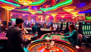 Engaging scene of players at Luck8 trang chủ casino tables enjoying roulette and poker.