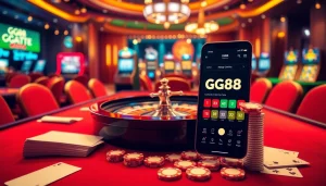 Engaging view of GG88 online casino interface with roulette wheel, poker chips, and slot machines.