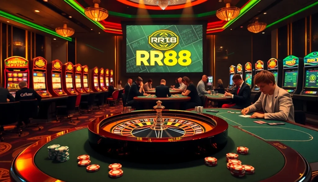 RR88 players engaging at a vibrant casino table, showcasing excitement and professional gameplay.