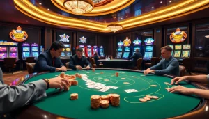 xem kết quả bóng đá nhanh within a vibrant casino setting, showcasing gamblers at poker tables and lively slot machines.