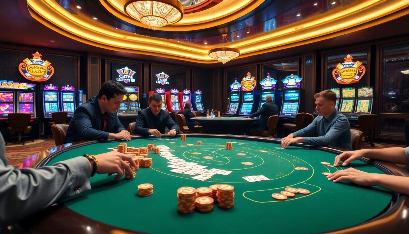 xem kết quả bóng đá nhanh within a vibrant casino setting, showcasing gamblers at poker tables and lively slot machines.