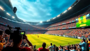 مشهد مثير لاستاد كرة قدم يبث koora live، يلتقط تشجيع الجمهور وأجواء المباراة الديناميكية