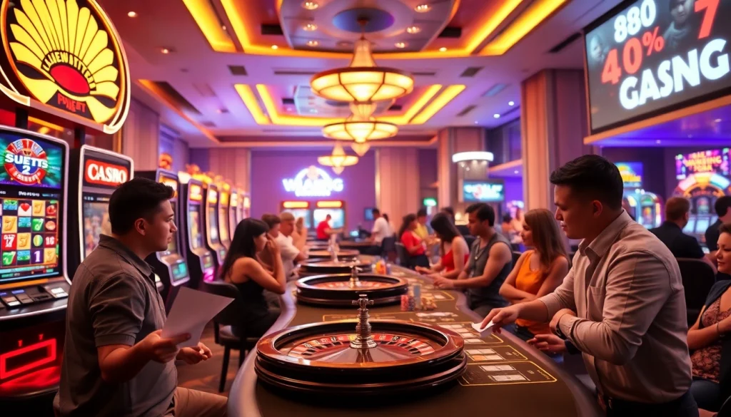 Exciting scene of players engaged in gambling at MM88 casino with vibrant slot machines.