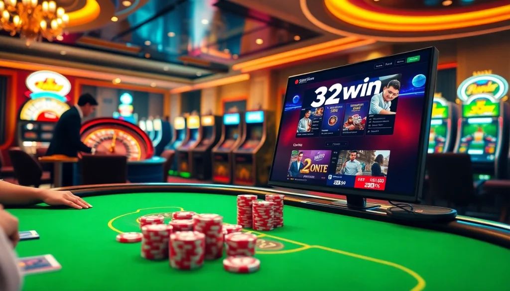 Experience the excitement of gambling at 32win with a vibrant online casino scene showcasing poker tables and roulette.