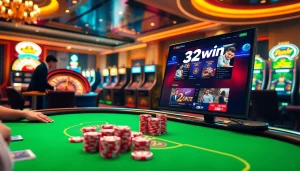 Experience the excitement of gambling at 32win with a vibrant online casino scene showcasing poker tables and roulette.