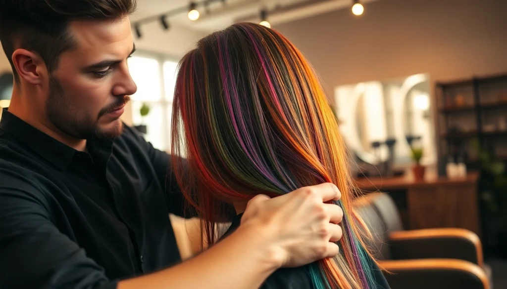 Stylish salon vopsit bucuresti scene with a skilled stylist applying vibrant hair dye.