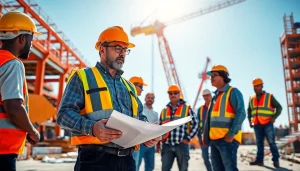 New Jersey Commercial General Contractor supervising a vibrant construction site with diverse workers.