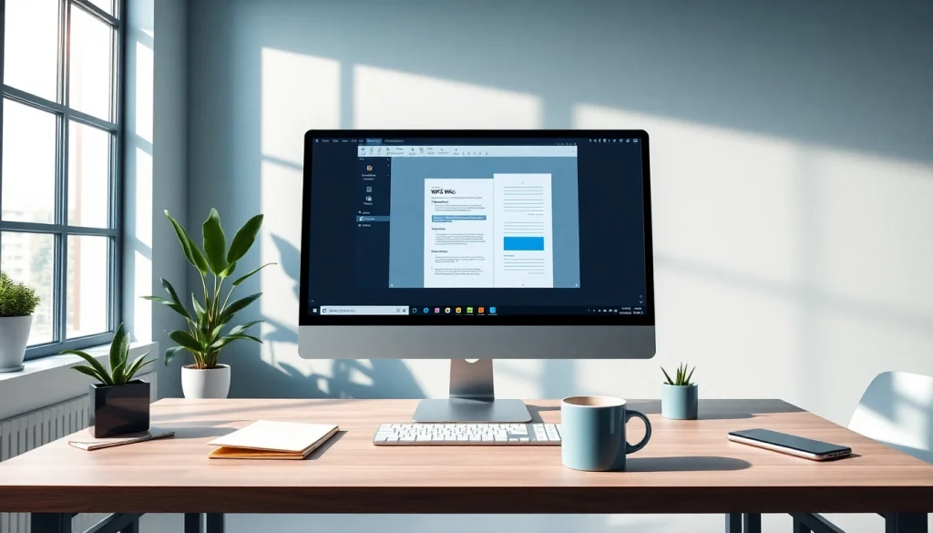 现代高效办公工作区，桌面电脑上展示WPS下载软件。