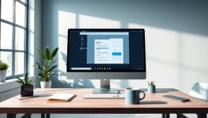 现代高效办公工作区，桌面电脑上展示WPS下载软件。