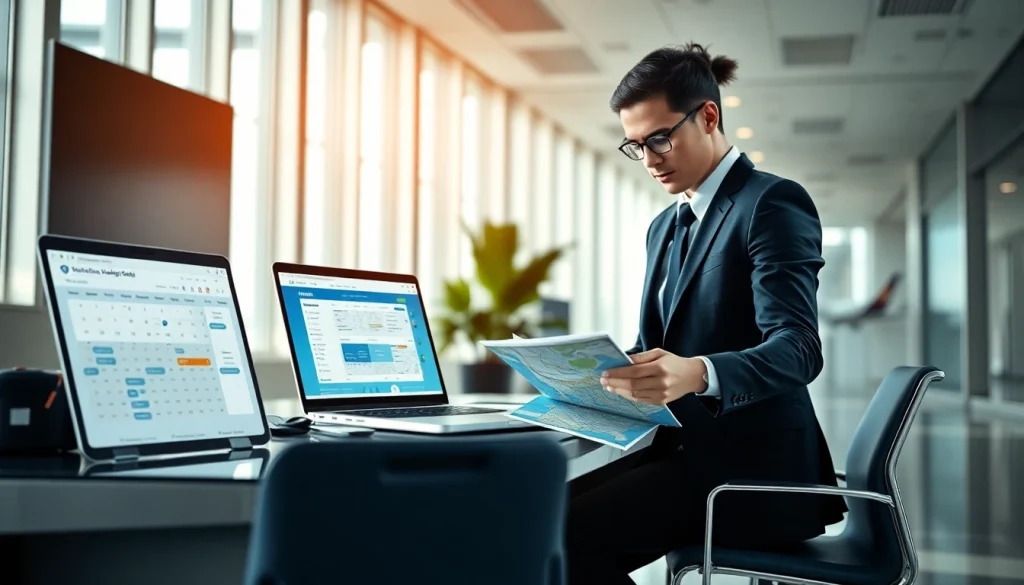 Business traveler preparing for a 출장 with travel documents and a laptop.