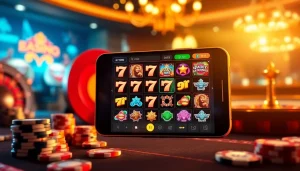 Naga169 mobile interface showcasing vibrant casino games with poker chips and roulette wheel.