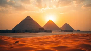 View of majestic piraminds under a dramatic sky, highlighting ancient structures with a golden glow.