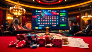 Experience the excitement of s88vip with vibrant poker chips and a spinning roulette wheel in a luxurious casino setting.