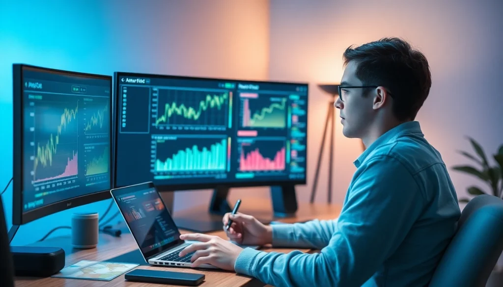 Tech-savvy individual using web scrapping tools to analyze Amazon price charts in a modern office