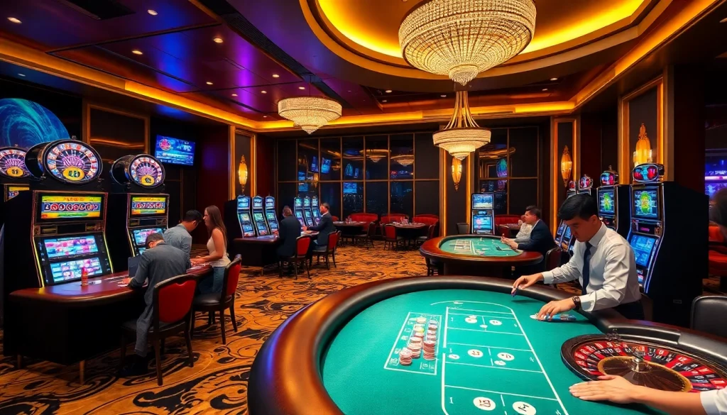 Players enjoy a thrilling gambling experience at MM88 casino with vibrant slot machines and stylish tables.