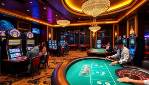 Players enjoy a thrilling gambling experience at MM88 casino with vibrant slot machines and stylish tables.