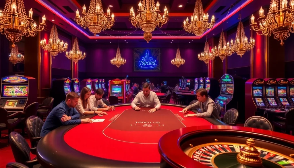 Experience high-stakes poker action at topclub with vibrant gaming elements and luxurious ambiance.