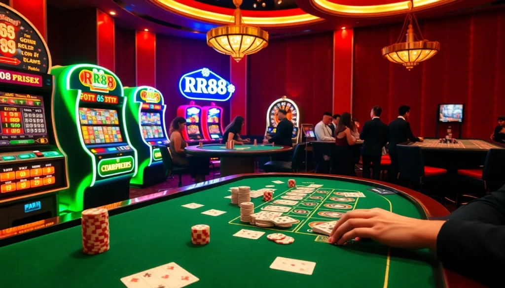 RR88 gaming experience featuring exciting casino tables, cards, and chips in a vibrant atmosphere.