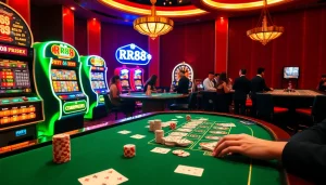 RR88 gaming experience featuring exciting casino tables, cards, and chips in a vibrant atmosphere.