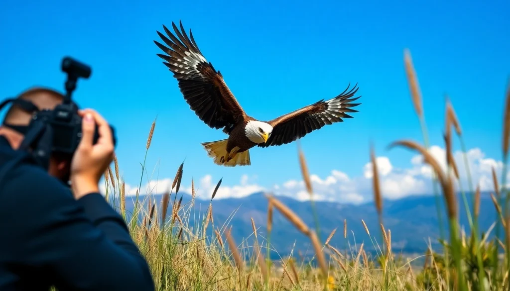 Captivating wildlife photography course showcasing a photographer capturing an eagle mid-flight.