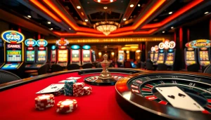 GG88 online casino scene featuring luxurious gaming tables and vibrant roulette wheels.