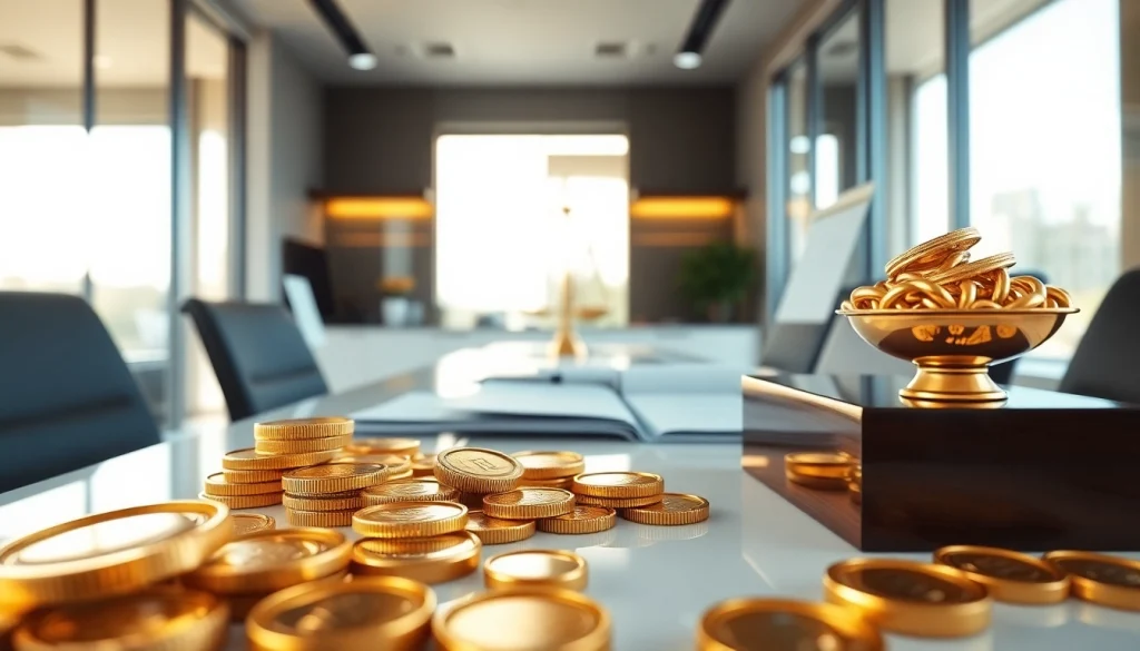 Goldankauf Kerpen in einem modernen Büro, mit hochwertigen Goldgegenständen und Vertrauenssiegeln.