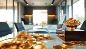 Goldankauf Kerpen in einem modernen Büro, mit hochwertigen Goldgegenständen und Vertrauenssiegeln.