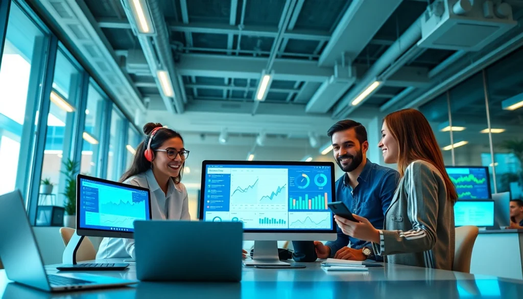 在现代办公环境中展示的美洽 AI 客服平台，展现协作团队与数字分析。