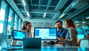 在现代办公环境中展示的美洽 AI 客服平台，展现协作团队与数字分析。