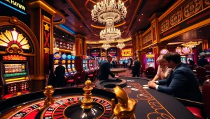 A thrilling gaming atmosphere at Link Haywin with professional gamblers around poker tables and slot machines.