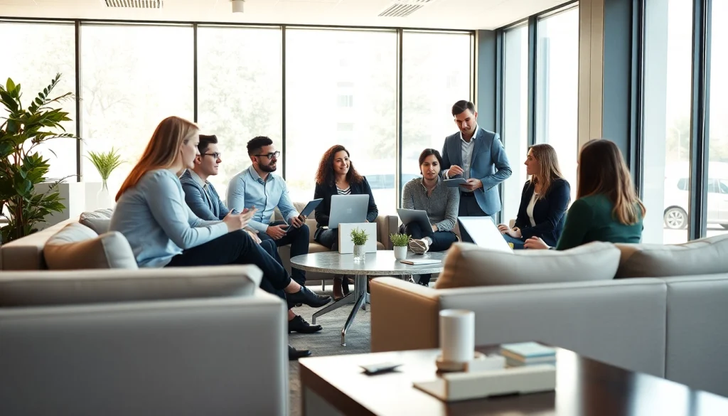 Engaging team meeting on gambit marketing strategies in a bright, modern office.