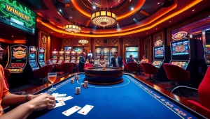 Engaging online gambling scene at https://ok88.tech/ with poker table and exciting casino atmosphere.