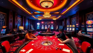 Players enjoying sbobet betting action at a vibrant casino table surrounded by thrilling ambiance.