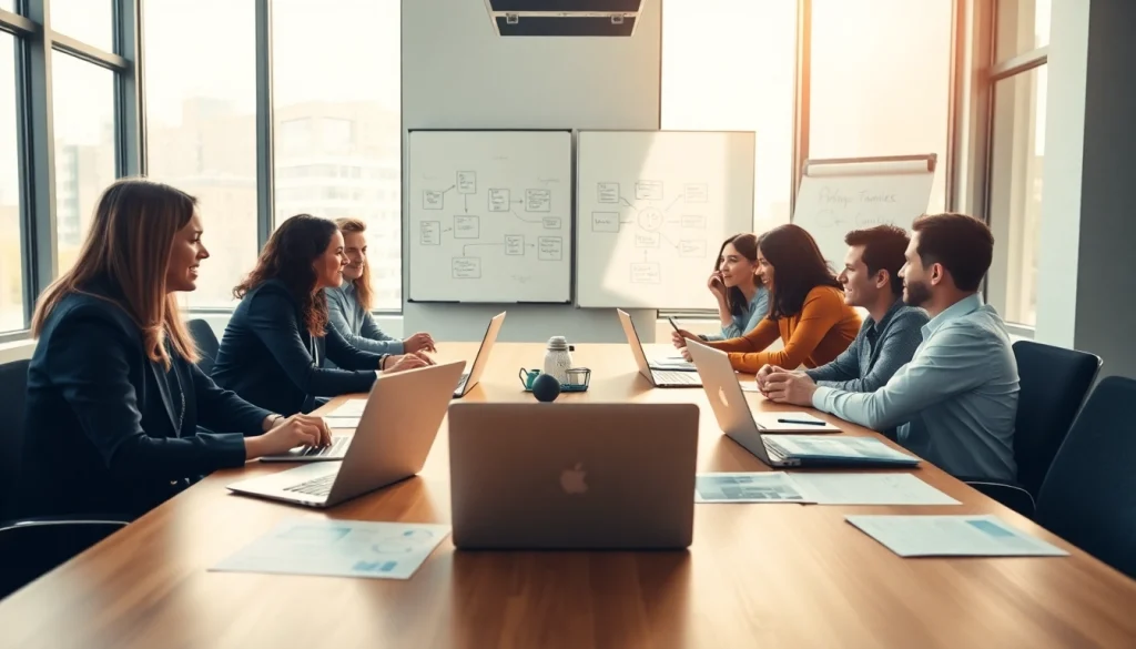 Collaboration scene at a Marketing Agency showcasing diverse team strategizing together.
